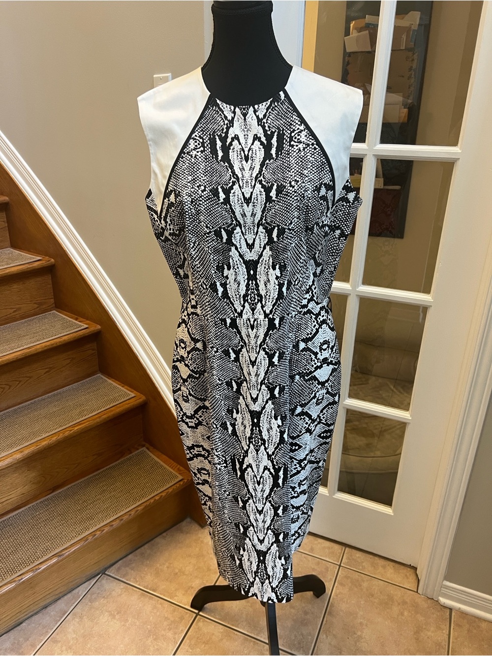 Black & White Snake-Print Midi Dress with White Shoulder Panels